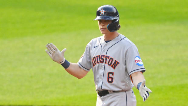 Jun 10, 2023; Cleveland, Ohio, USA; Houston Astros center fielder Jake Meyers (6) celebrates his RBI double in the fourth inning against the Cleveland Guardians at Progressive Field. Mandatory Credit: David Richard-USA TODAY Sports